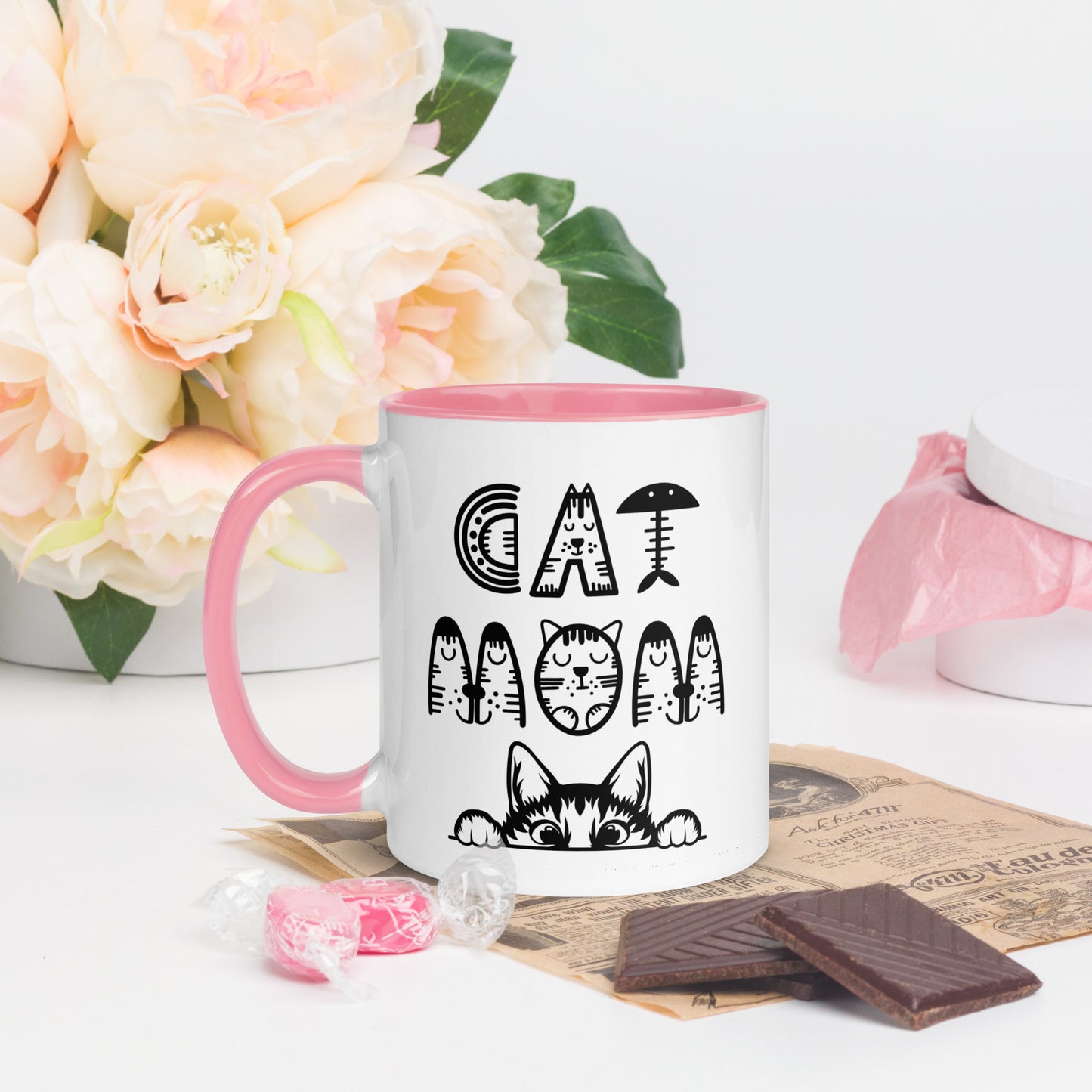 Cat Mom, Cat lovers Mug with Color Inside. For all Crazy Cat ladys and kitten mums everywhere that enjoy a coffee or tea.