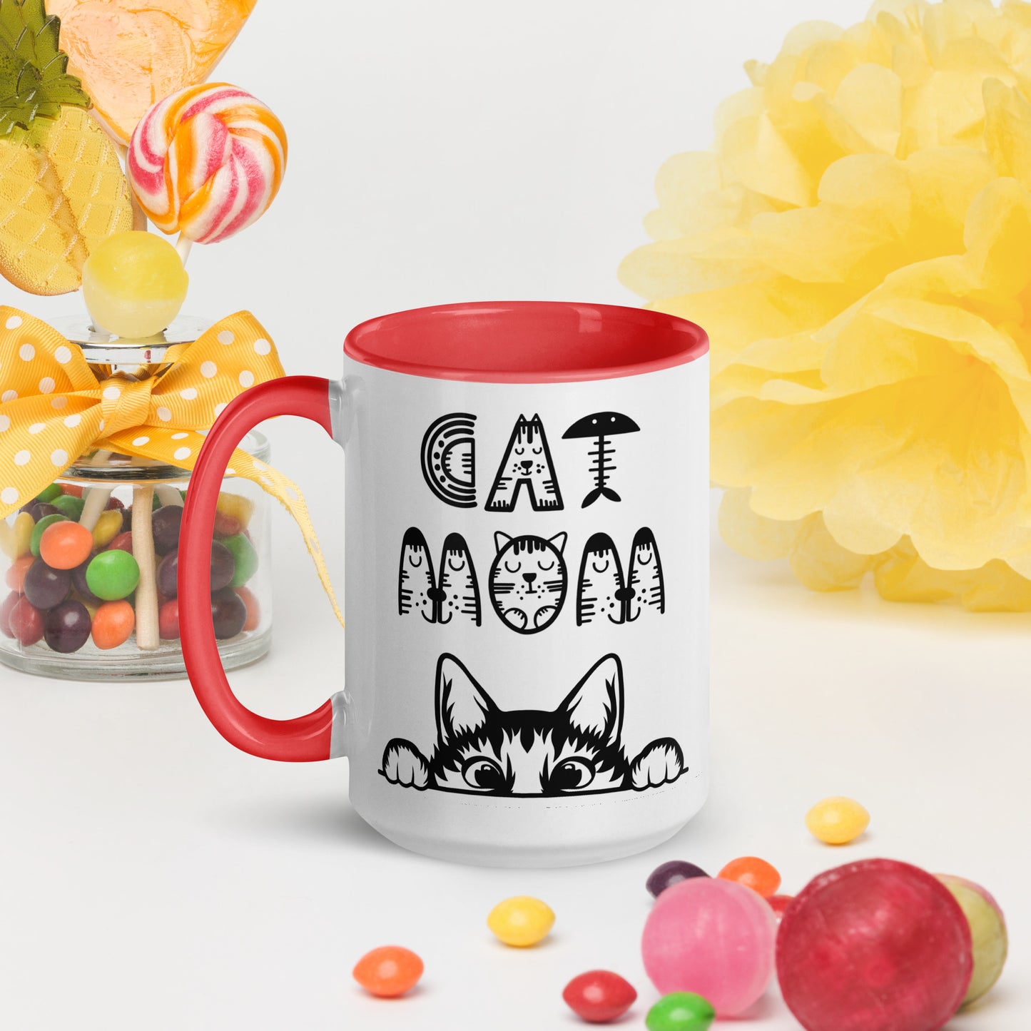 Cat Mom, Cat lovers Mug with Color Inside. For all Crazy Cat ladys and kitten mums everywhere that enjoy a coffee or tea.