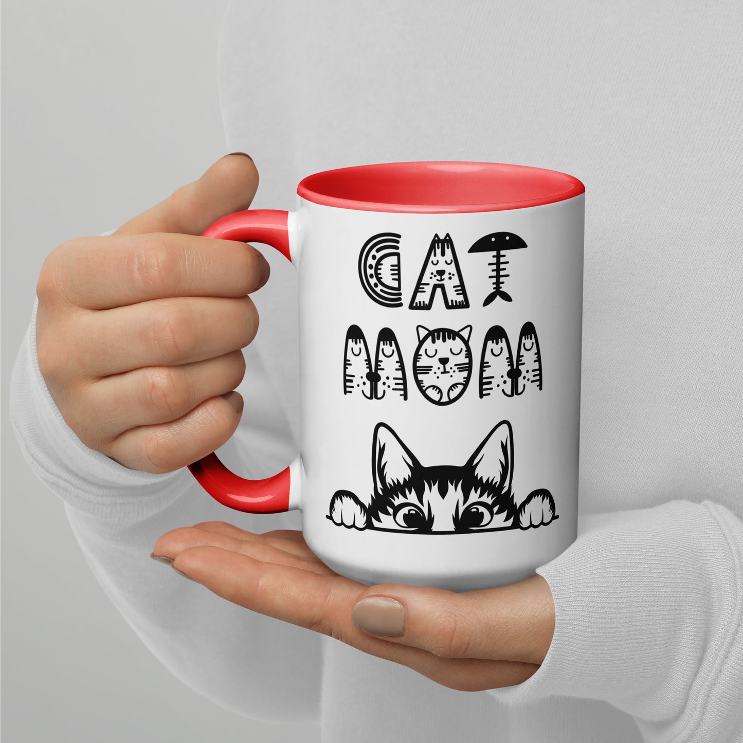 Cat Mom, Cat lovers Mug with Color Inside. For all Crazy Cat ladys and kitten mums everywhere that enjoy a coffee or tea.