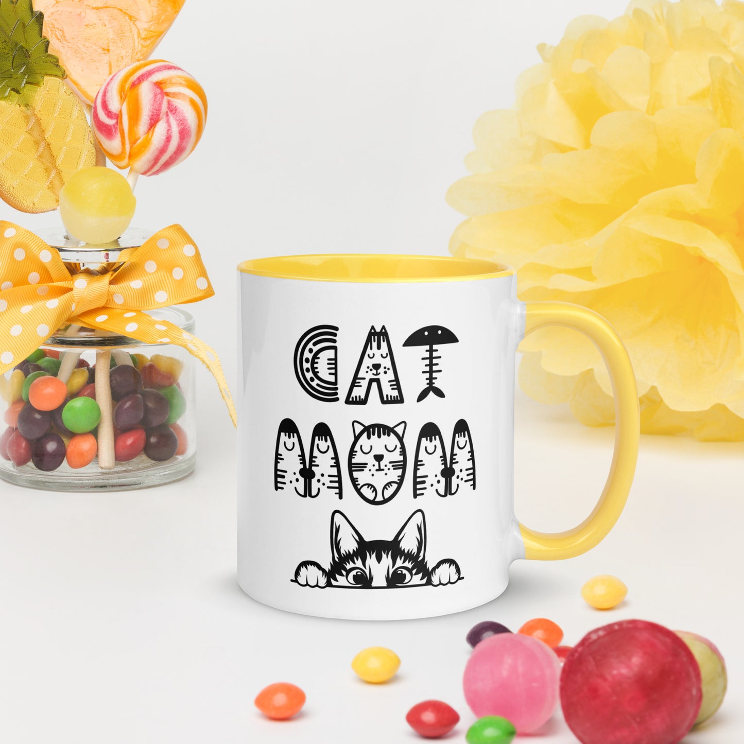 Cat Mom, Cat lovers Mug with Color Inside. For all Crazy Cat ladys and kitten mums everywhere that enjoy a coffee or tea.